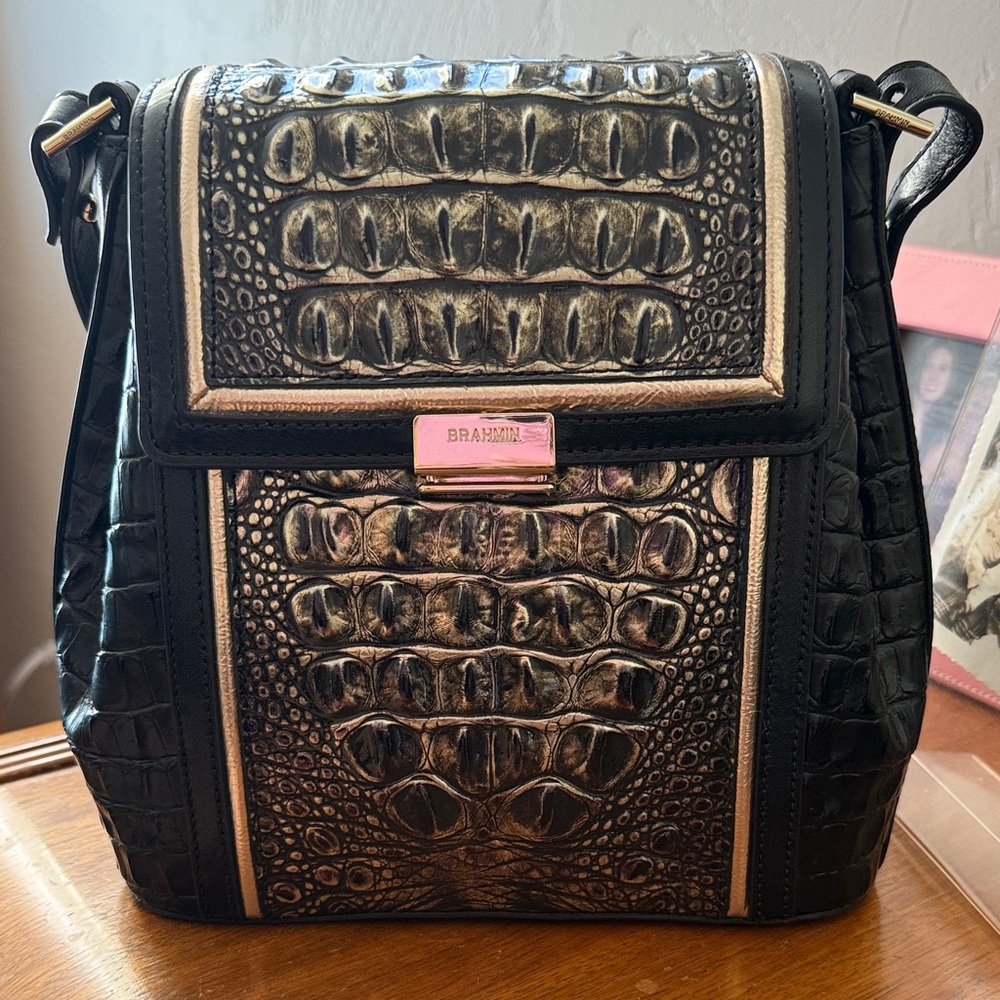 Brahmin Black and Gold Croc-Embossed Crossbody Purse